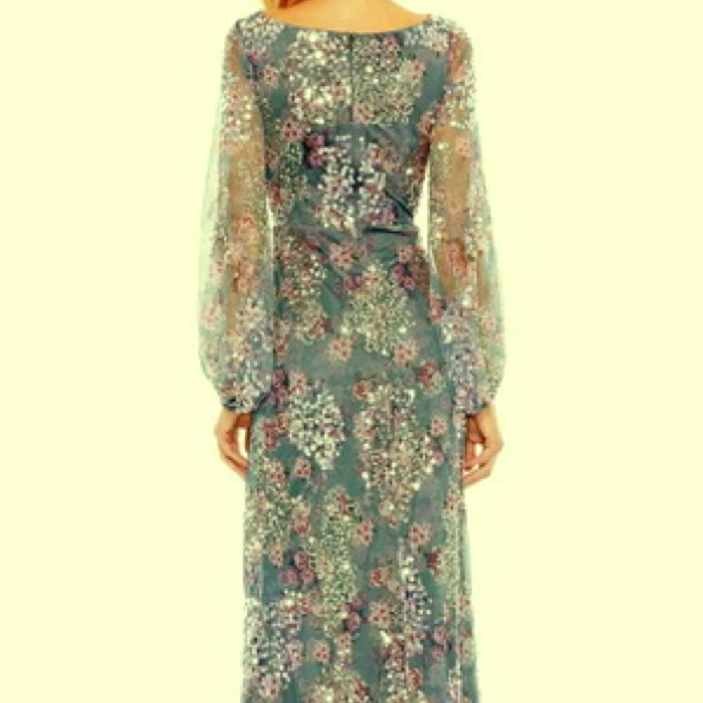 Mac Duggal Green Grey Floral Printed Sequin Formal Slit Gown - Picture 3 of 5